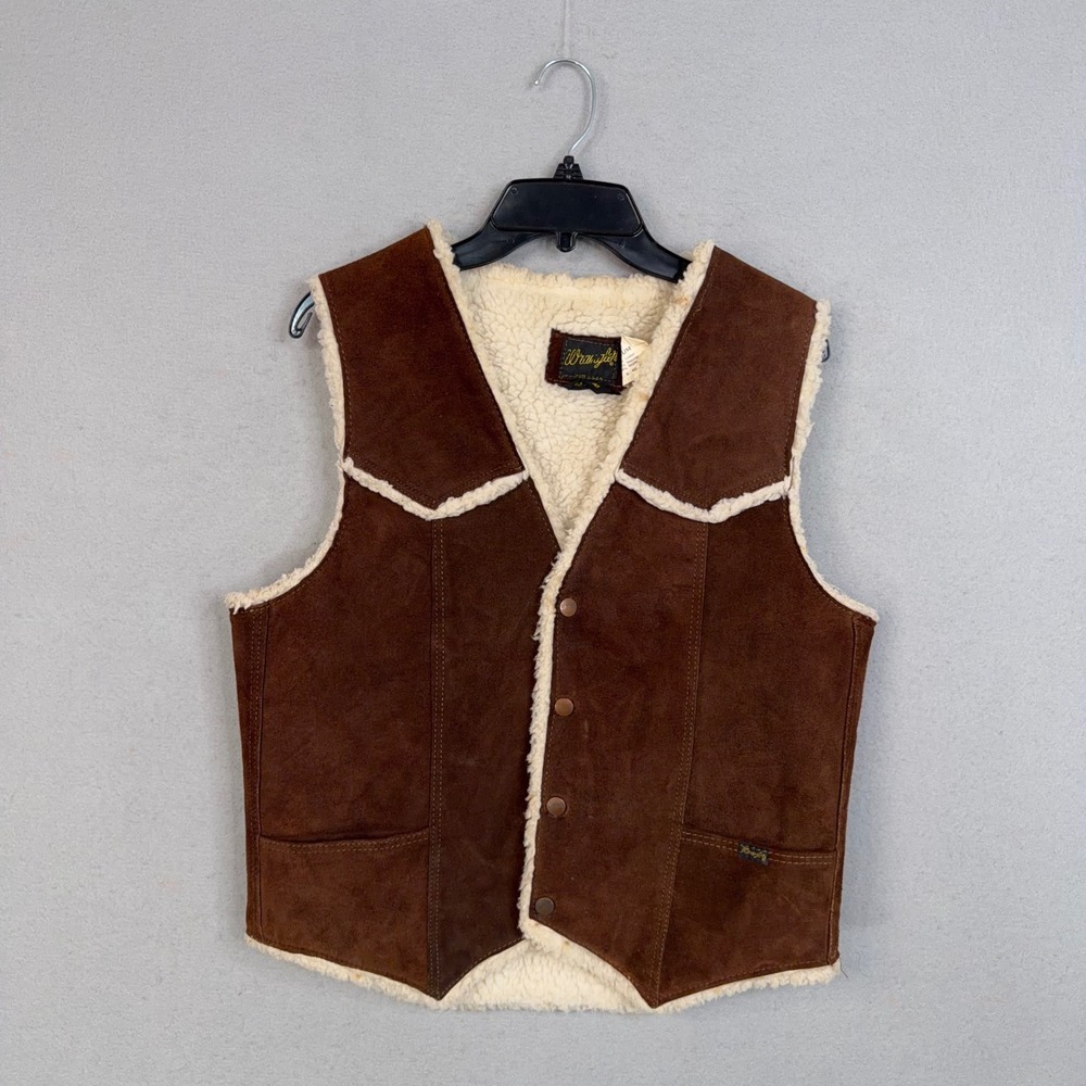 Vintage Wrangler Vest Mens Medium Brown Suede Sherpa Lined Western Cowboy Ranch